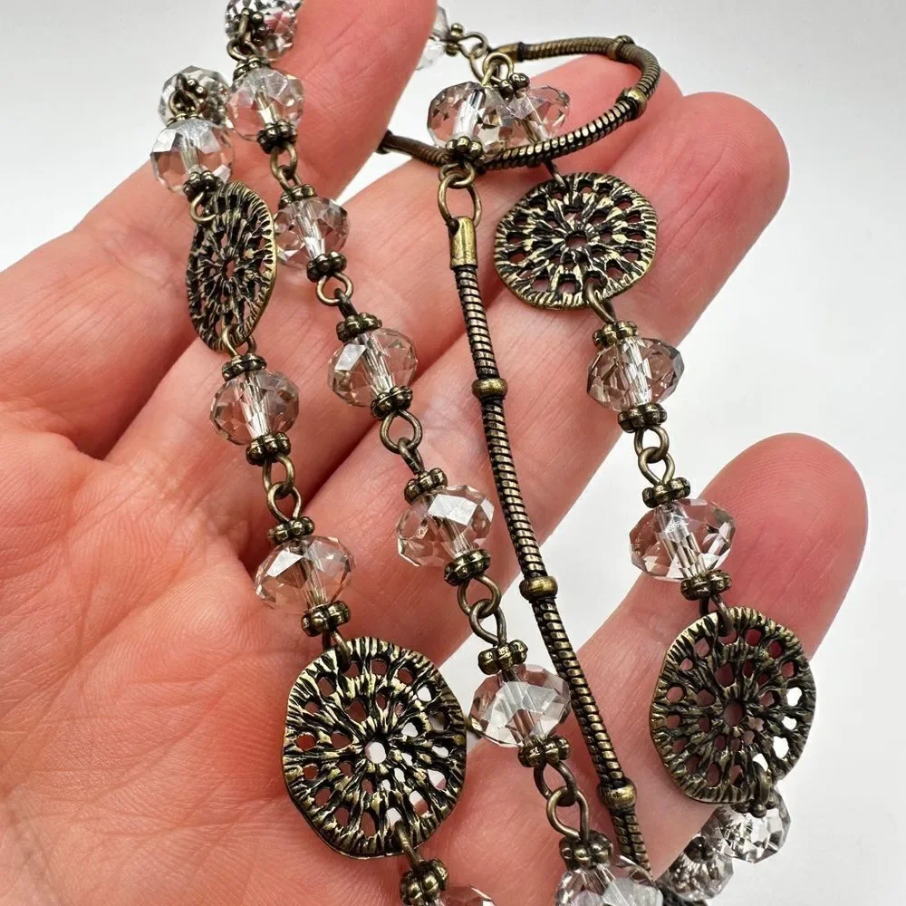 36” brass tone metal with glass‎ crystal beads, necklace!
